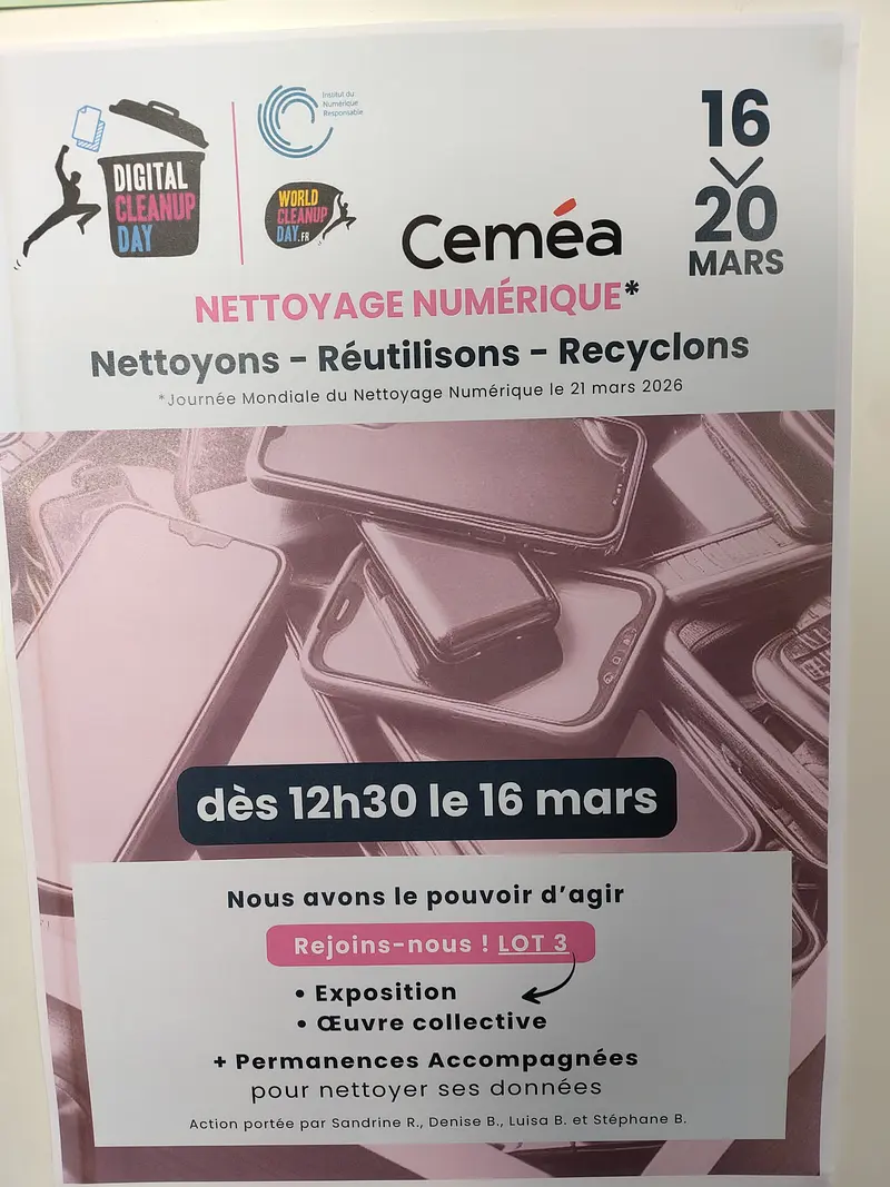 Affiche de l'axe Communs Numériques Libres et Éthiques lors de la semaine de sensibilisation à l'impact du numérique sur l'environnement de mars 2026